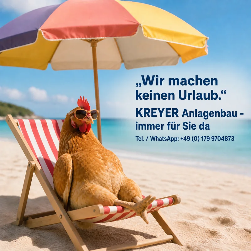 Wir machen keinen Urlaub. KREYER Anlagenbau ist immer für Sie da. Telefon und WhatsApp: +49 179 9704873