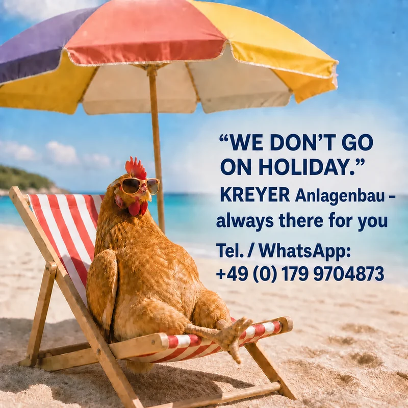 We don’t go on holiday. KREYER Anlagenbau is always there for you. Telephone and WhatsApp: +49 179 9704873