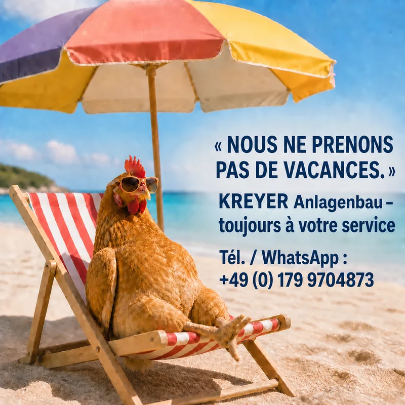Nous ne prenons pas de vacances. KREYER Anlagenbau est toujours à votre service. Téléphone et WhatsApp : +49 179 9704873