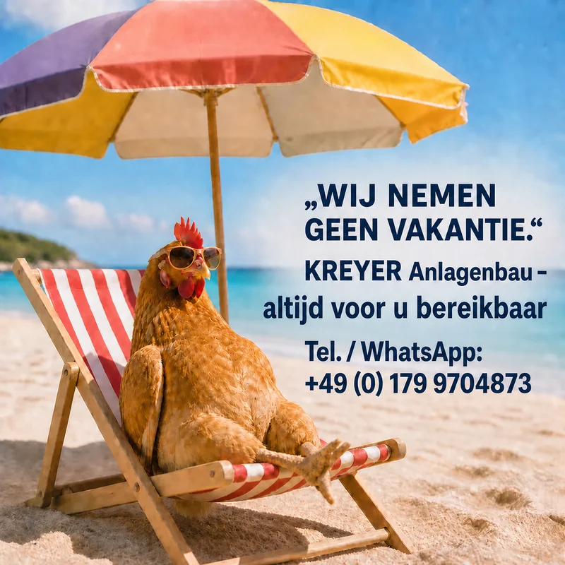 Wij nemen geen vakantie. KREYER Anlagenbau is altijd voor u bereikbaar. Telefoon en WhatsApp: +49 179 9704873
